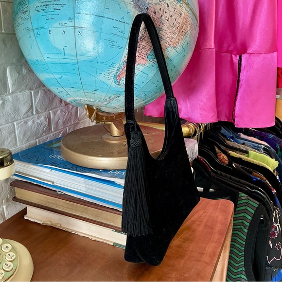 Vintage 90s Y2K Black Suede Hobo Shoulder Bag with Tassel Detail - Picture 11 of 13